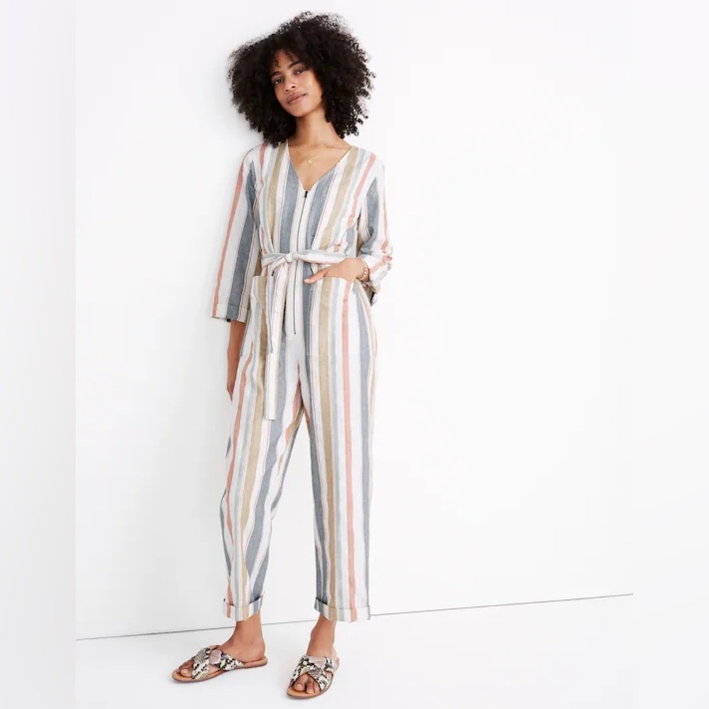 Madewell V-Neck Tie-Waist Jumpsuit New in March Stripe Rusted Tin